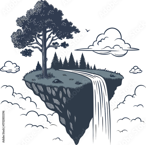 Vector drawing of a winter landscape with trees and clouds reflecting in the water