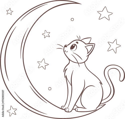 A funny cartoon illustration of a cute black cat with a star chasing a mouse