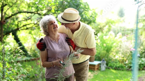 Senior couple working together in the garden on a sunny day
