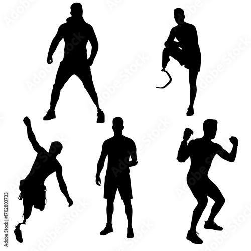 Diverse athletes with prosthetics showcasing strength, determination, and active lifestyles in dynamic poses