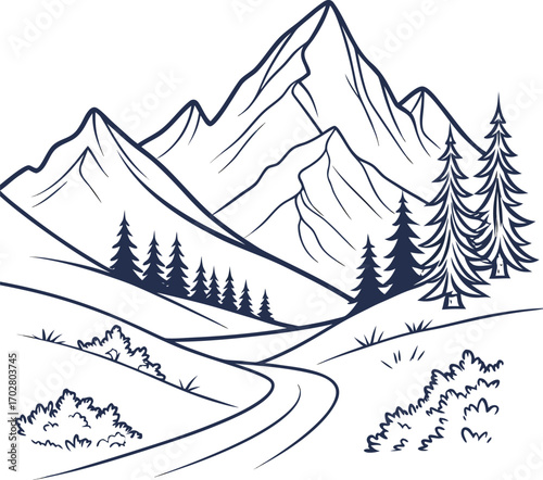 A cold winter landscape with snow-covered trees and majestic mountains under a blue sky