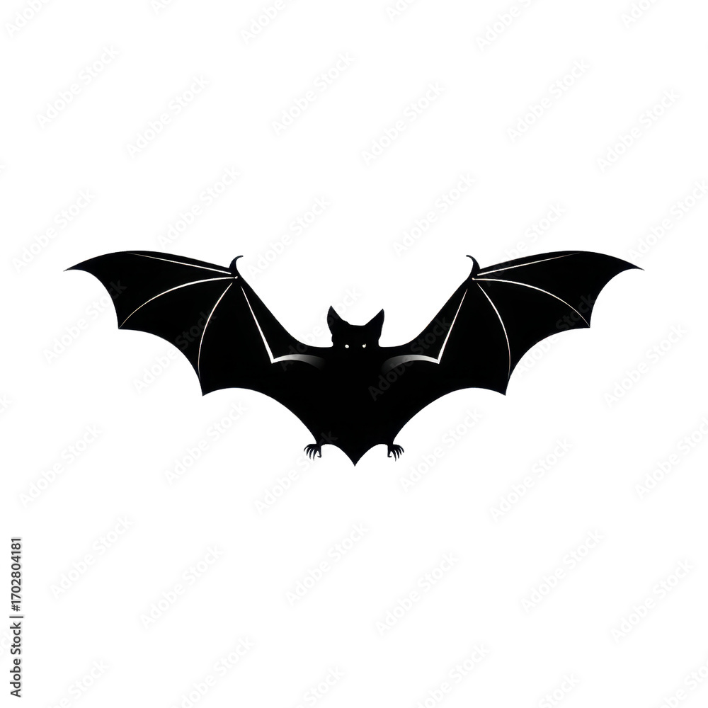 Fototapeta premium Silhouette of a bat in flight, with outstretched wings, against a white background.