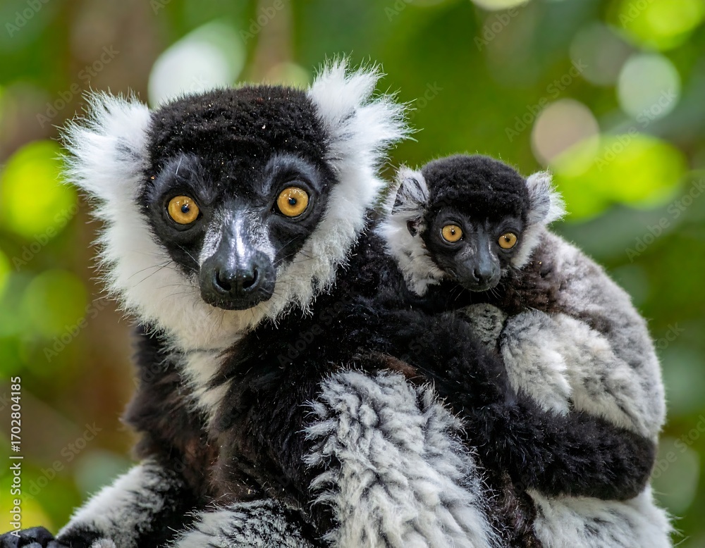 Obraz premium Black and white lemur with baby