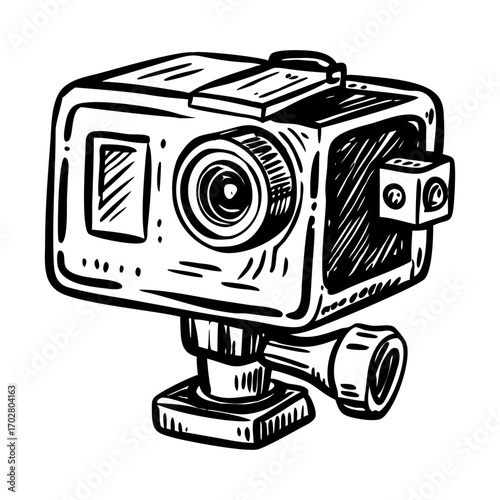 A vintage style illustration showing action camera