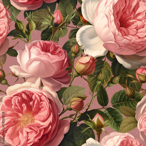 Seamless vector pattern with pink garden roses isolated on a changeable background. Vintage painting style illustration.
