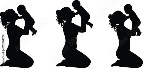 Mother holding baby silhouette, mom and child love, kneeling woman, baby care, maternal bond, motherhood concept