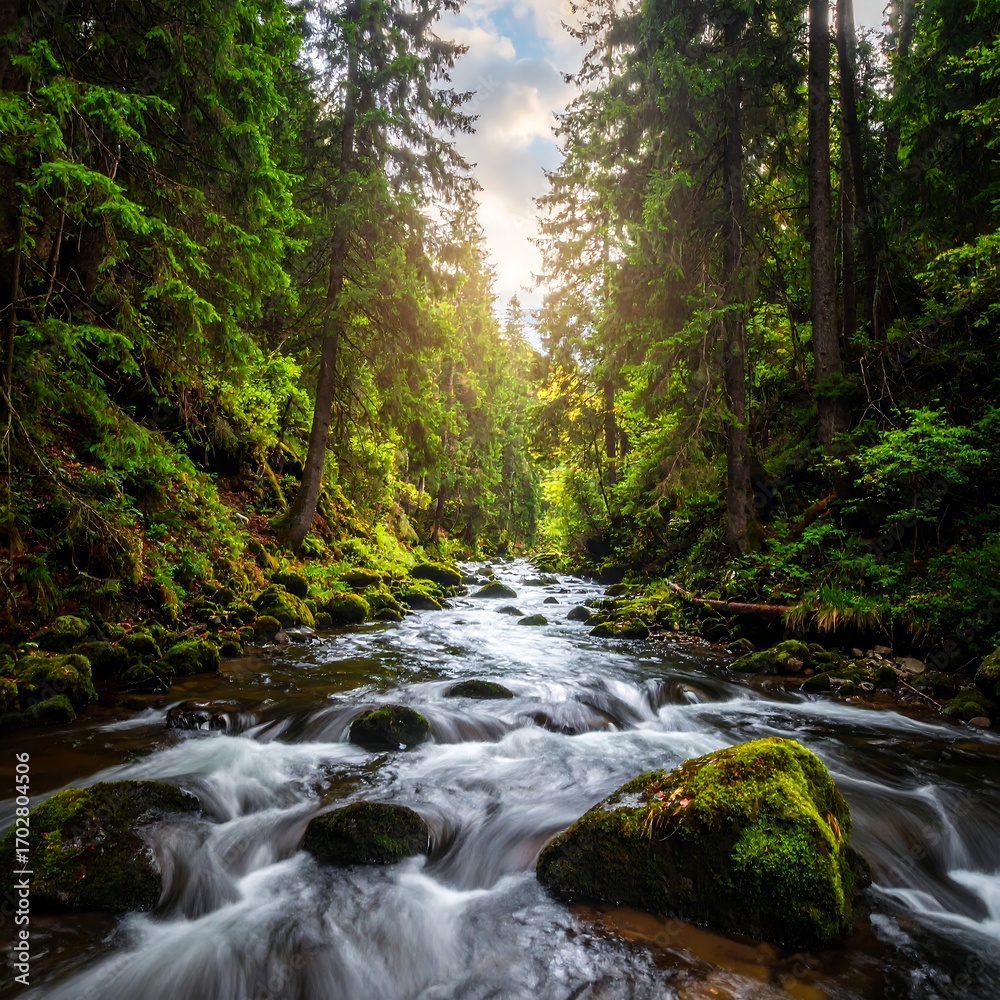 Obraz premium Forest stream sunlit