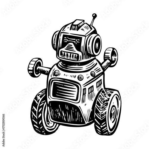 A vintage style illustration showing mini robot