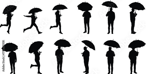 People silhouettes with umbrellas, walking and standing, rainy day, black shadow figures, weather protection, storm, outdoor, raining, raincoat, wet, drizzle, silhouette rain,
