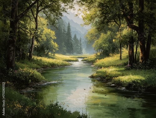 River flows through tranquil forest landscape in sunny outdoors scene.