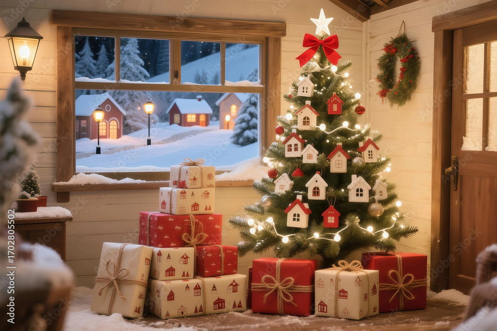 Obraz premium Cozy Indoor Christmas Scene with Tree and Gift Boxes by Window