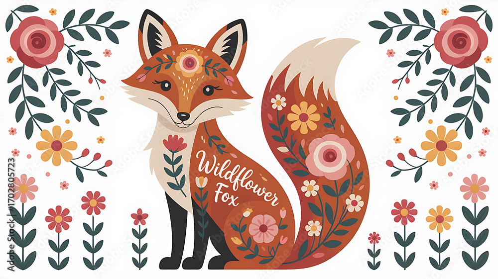 Fototapeta premium Fox with Vibrant Floral Patterns Folk Art