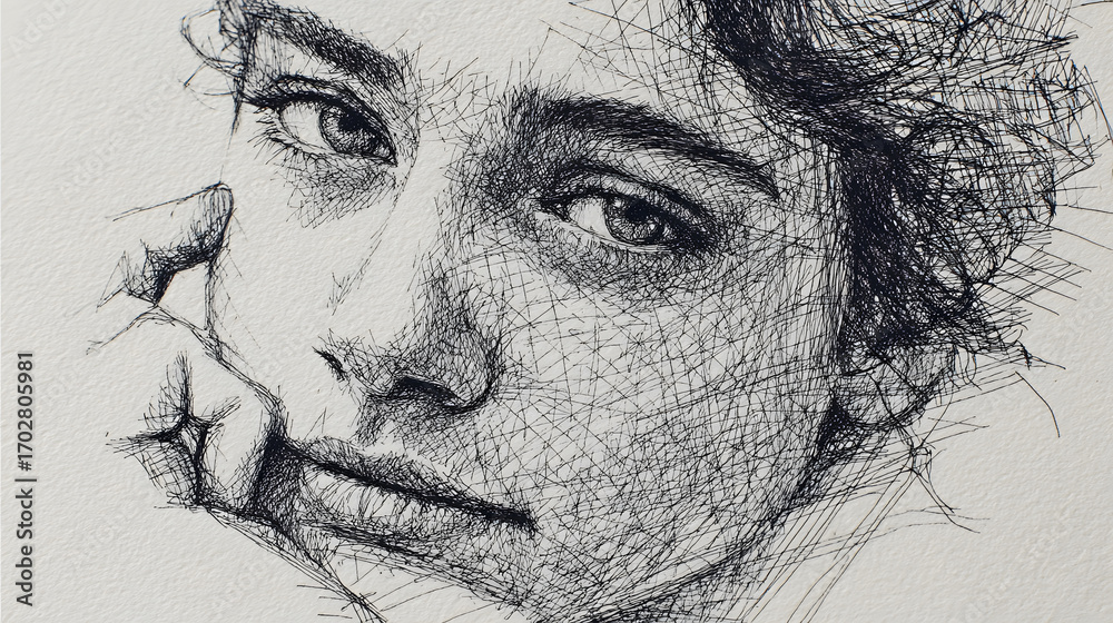 Obraz premium Close up portrait of a young woman drawn with cross hatching technique