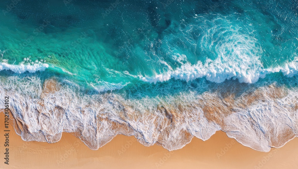 Fototapeta premium Aerial view of a beach with waves. Ocean waves crashing on a sandy shore, vibrant colors