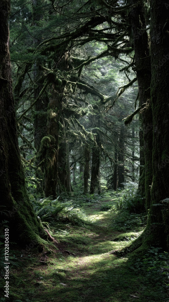 Obraz premium Sunlit pathway through lush, verdant, mossy forest with tall trees