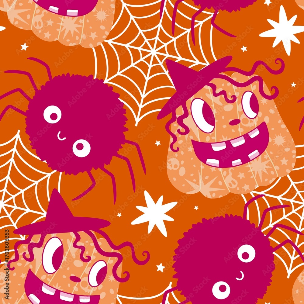 Obraz premium Autumn harvest vegetable seamless monster Halloween pumpkins pattern for wrapping paper and fabrics