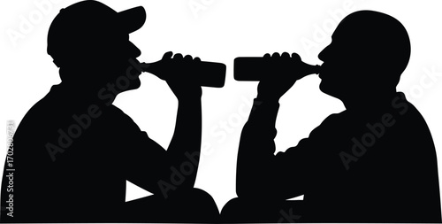 Silhouette of two men drinking, bottle in hand, friends sitting together, alcohol concept, beer buddies, friendship, social scene, beverage moment