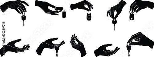 keys, hands, silhouette, car, vehicle, gesture, black, white, keychain, fob, security, driving, illustration, rental, transportation,