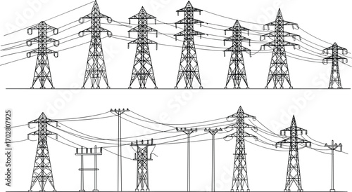 Power transmission towers, utility poles, overhead power lines, electrical infrastructure, steel lattice towers, electrical distribution, black and white drawing, energy transmission