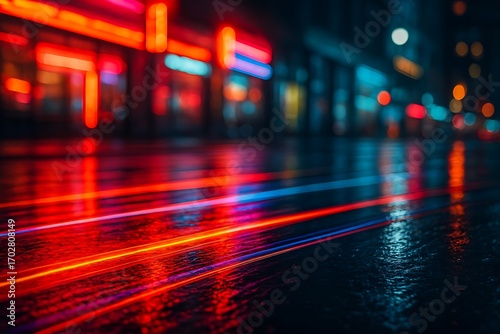 Neon lights reflecting on wet street at night in urban environment