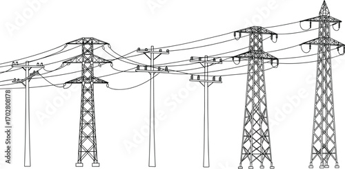 Utility poles line art, high-voltage transmission towers, power lines drawing, electrical infrastructure, energy distribution network, electrical poles sketch