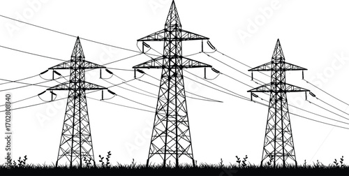 High-voltage transmission towers, steel lattice towers, power lines silhouette, electrical transmission, energy distribution, grass silhouette, black line drawing