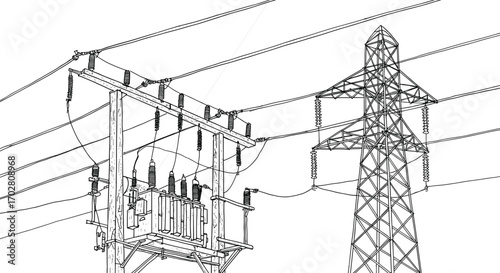 Electrical transformer line drawing, utility pole, transmission tower, power lines, electricity infrastructure, electrical grid, energy distribution, electrical network vector