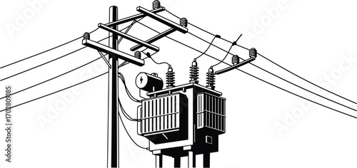 Pole mounted transformer, rural power lines, electric distribution pole, utility pole transformer, electrical energy system vector art