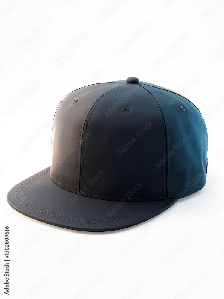 Fototapeta premium Sleek Black Flat-Brim Cap . 4A modern, blank black flat-brimmed cap is showcased at an angle on a clean white background. The cap has a subtle red tag on the side, adding a small pop of color. The lig
