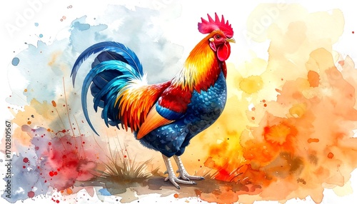 Vibrant rooster in watercolor style