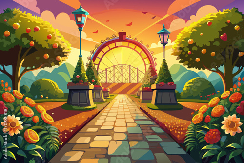 The cobblestone path, like an endless story, extends to the entrance of the amusement park. On the sides, colorful flowers are lined up and their fragrance fills the space. The sun shines on the path 