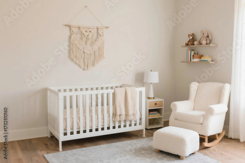 Cozy Nursery with White Crib and Macrame Wall Decor