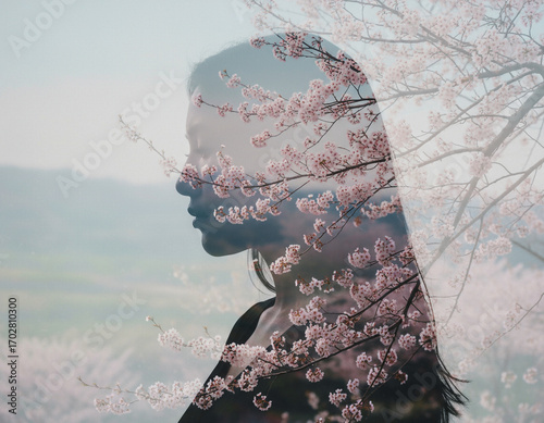 Silhouette einer jungen Frau mit Kirschblütenzweigen, Doppelbelichtung