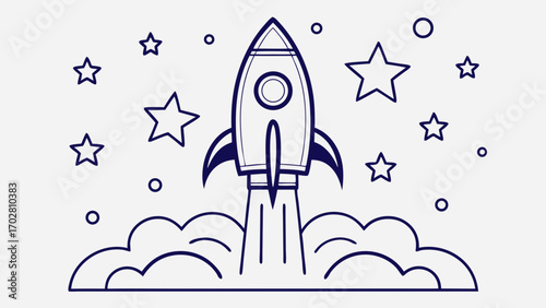 Minimalist dark blue rocket launch with stars clouds graphic space