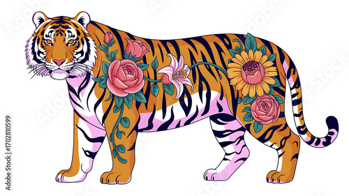 Tiger with Floral Mandalas Psychedelic Vector