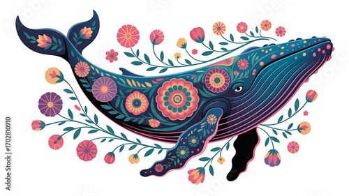 Whale with Floral Mandalas Psychedelic Vector