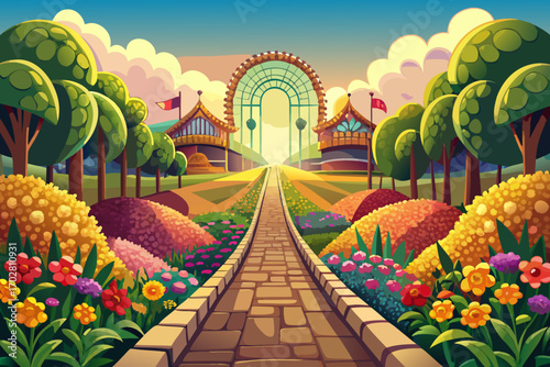 The cobblestone path, like an endless story, extends to the entrance of the amusement park. On the sides, colorful flowers are lined up and their fragrance fills the space. The sun shines on the path 