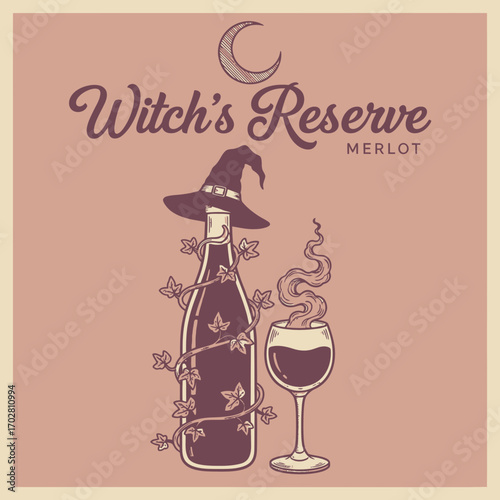 Witch's Reserve Merlot bottle with glass in whimsical style  