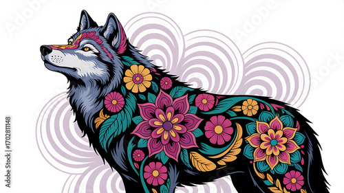 Wolf with Mandala Flowers Psychedelic Style