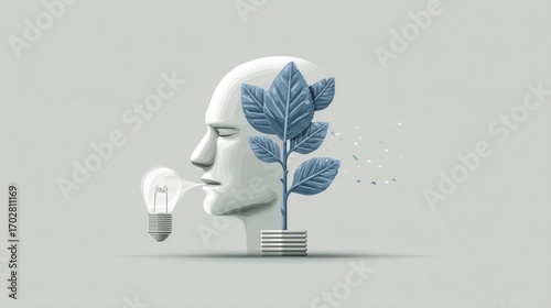 Modern vector logo for World Mental Health Day with flat human head icon, leaf, and lightbulb inside