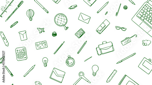 Creative workspace filled with various green stationery items and tools for productivity and organization