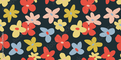 Wallpaper Mural Simple vector floral seamless pattern. Abstract cute colorful background with bold cutout flowers. Childish naive art. Summer botanical texture in pastel colors on black backdrop. Repeating design Torontodigital.ca