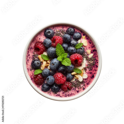 Delicious Berry Smoothie Bowl with Raspberries, Blueberries, Chia Seeds, and Almonds