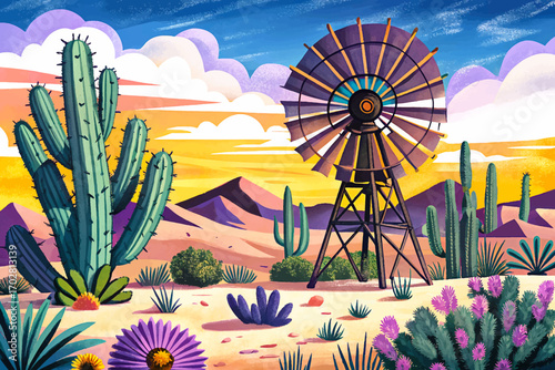 Old wooden windmill in dry desert prairie cartoon background, cactus and tumbleweed under hot western sun