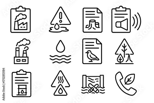 Environmental Concerns Icons. Line style icons of environmental complaints: air pollution report, waste dumping alert, illegal