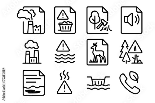 Environmental Concerns Icons. Line style icons of environmental complaints: air pollution report, waste dumping alert, illegal