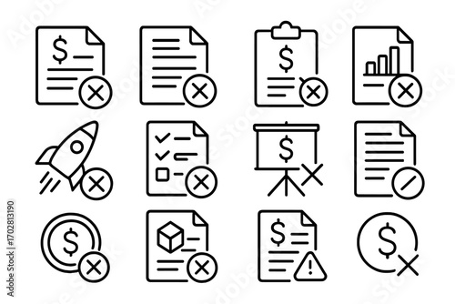 Funding Rejection Icons. Line style icons of funding and grant rejections: denied funding application, rejected grant request,