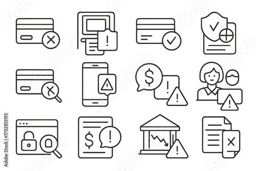 Banking Complaint Icons. Line style icons of banking complaints: transaction error icon, ATM issue file, credit card charge