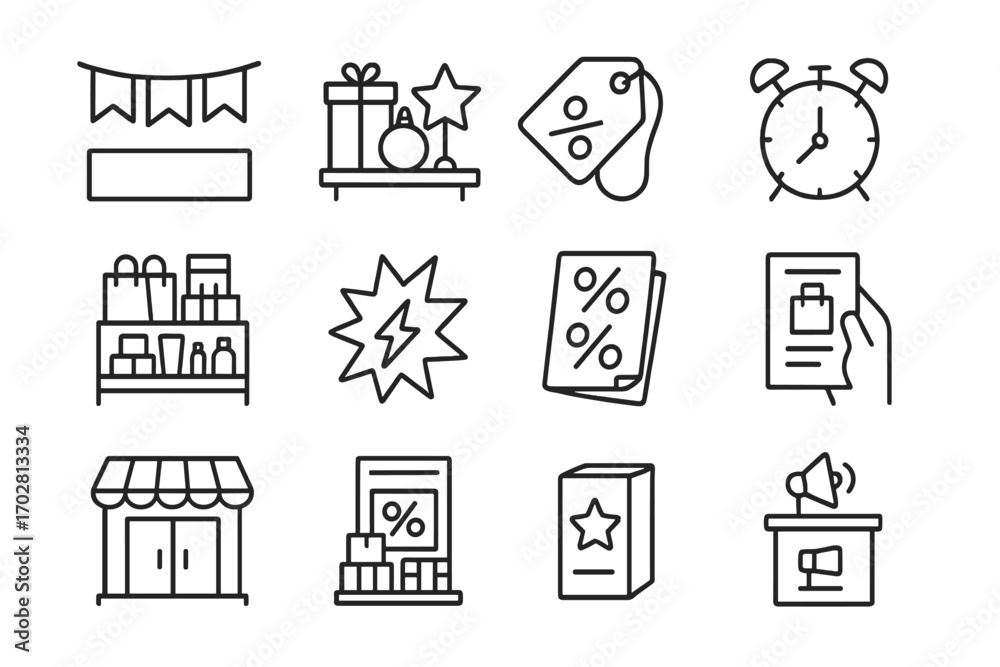 Fototapeta premium Seasonal Promotion Icons. Line style icons of seasonal retail promotions: Black Friday banner icon, holiday decorations on shelf,
