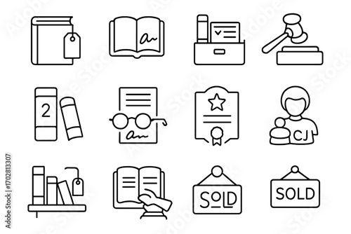 Book Auction Icons. Line style icons of book auctions: rare book with tag, signed edition icon, library catalog with bid form,